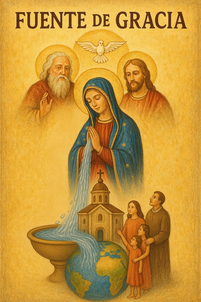 Icono de la comunidad: la Trinidad, María orante de cuyas manos brota un torrente de agua que llena una pila, una iglesia, el mundo y una familia