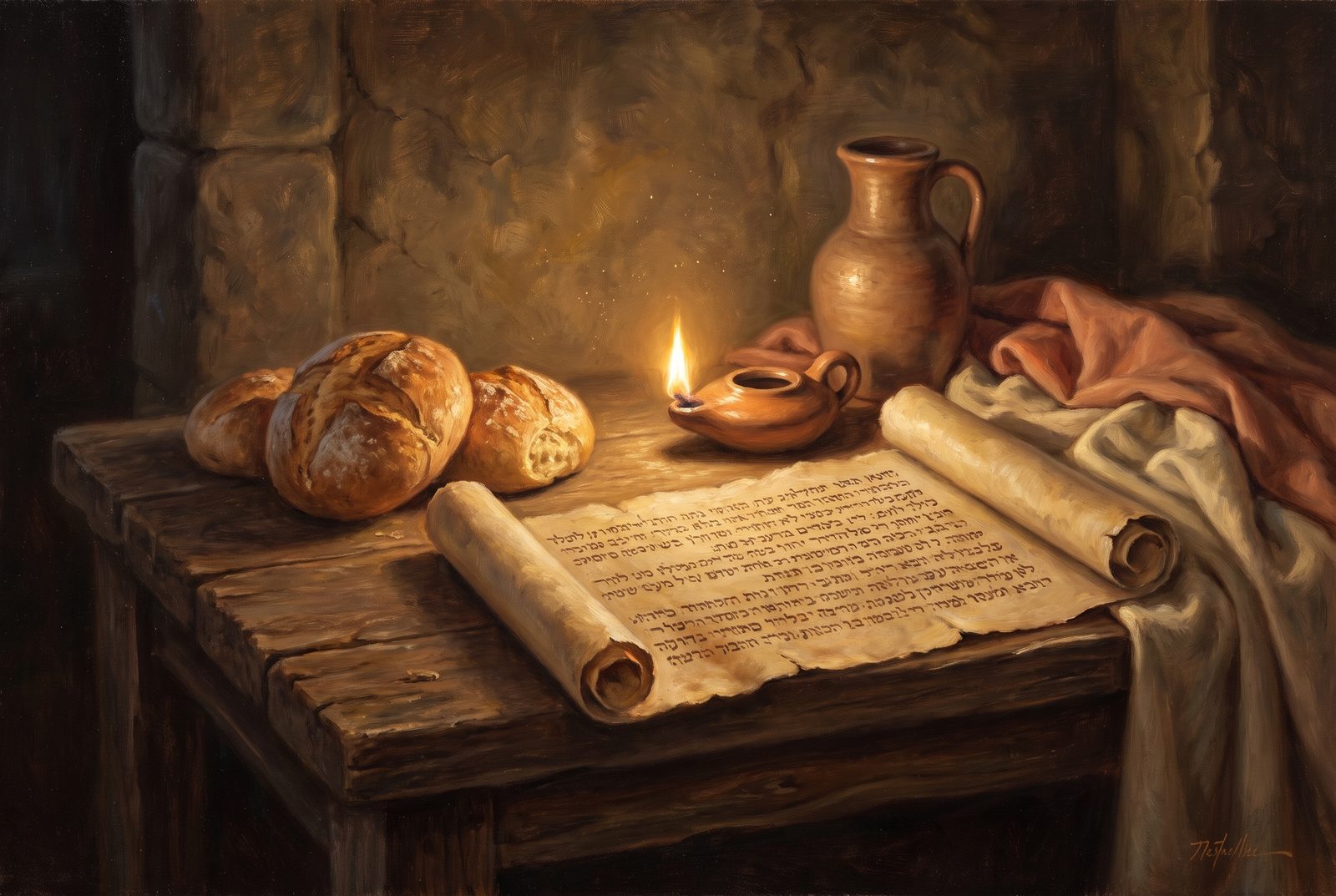 Pintura de una mesa con panes junto a un rollo de las Escrituras iluminado por una lámpara de aceite